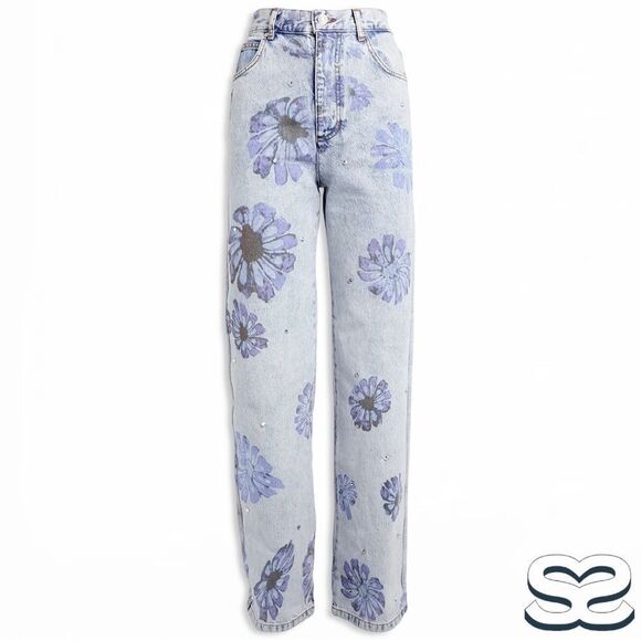 Sandro **NWT** Blossom Floral Print Rhinestone Straight Jeans in Blue Je… - Picture 13 of 15